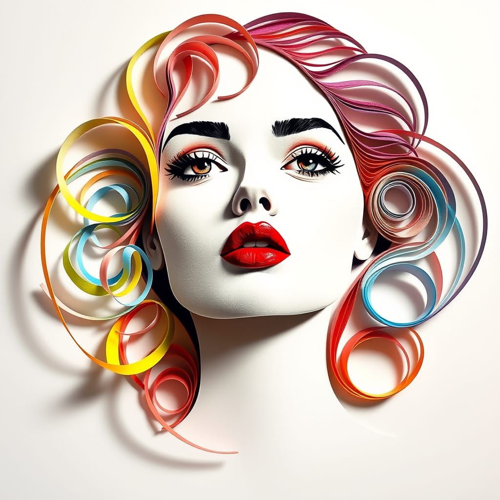 Embossed Rainbow Paper Spirals Around a Woman