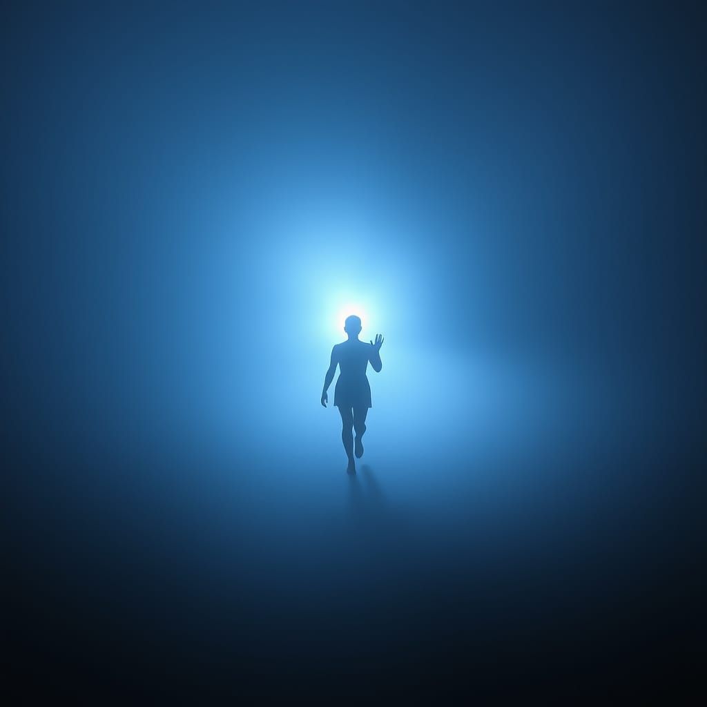 Glowing Figure Walks Through Dense Fog