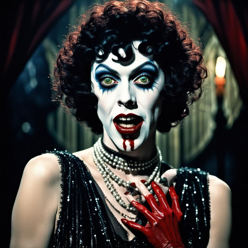 rocky horror picture show tim curry Dr Frank-N-Furter as a 1920s flapper vampire with bloody hands