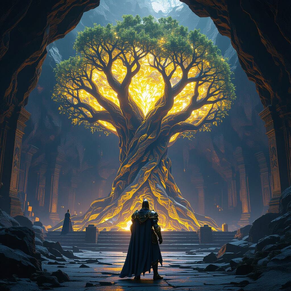 Knight Guarding Mystical Tree in Ornate Armor
