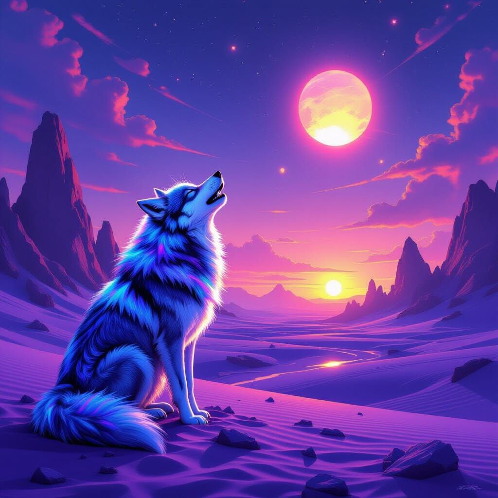 Nebula Wolf Howling at Binary Sunset: Digital Art