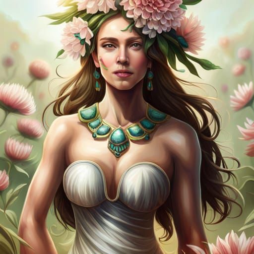 Goddess Portrait in Flower Field, Hyperrealistic Digital Art