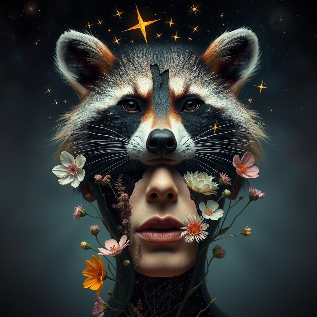 Surreal Cosmic Portrait of Face and Raccoon