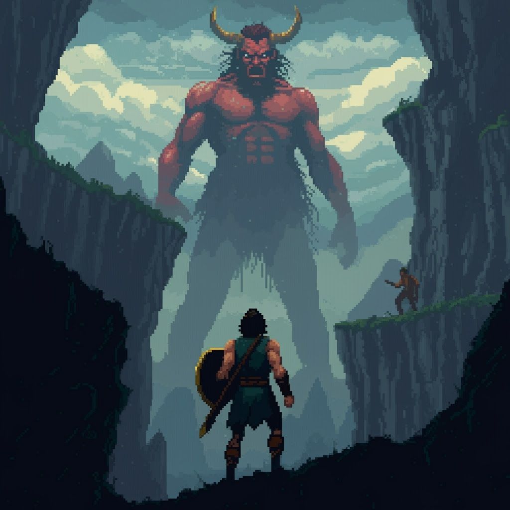 Epic Battle with Mythical Giant in Pixel Art Style