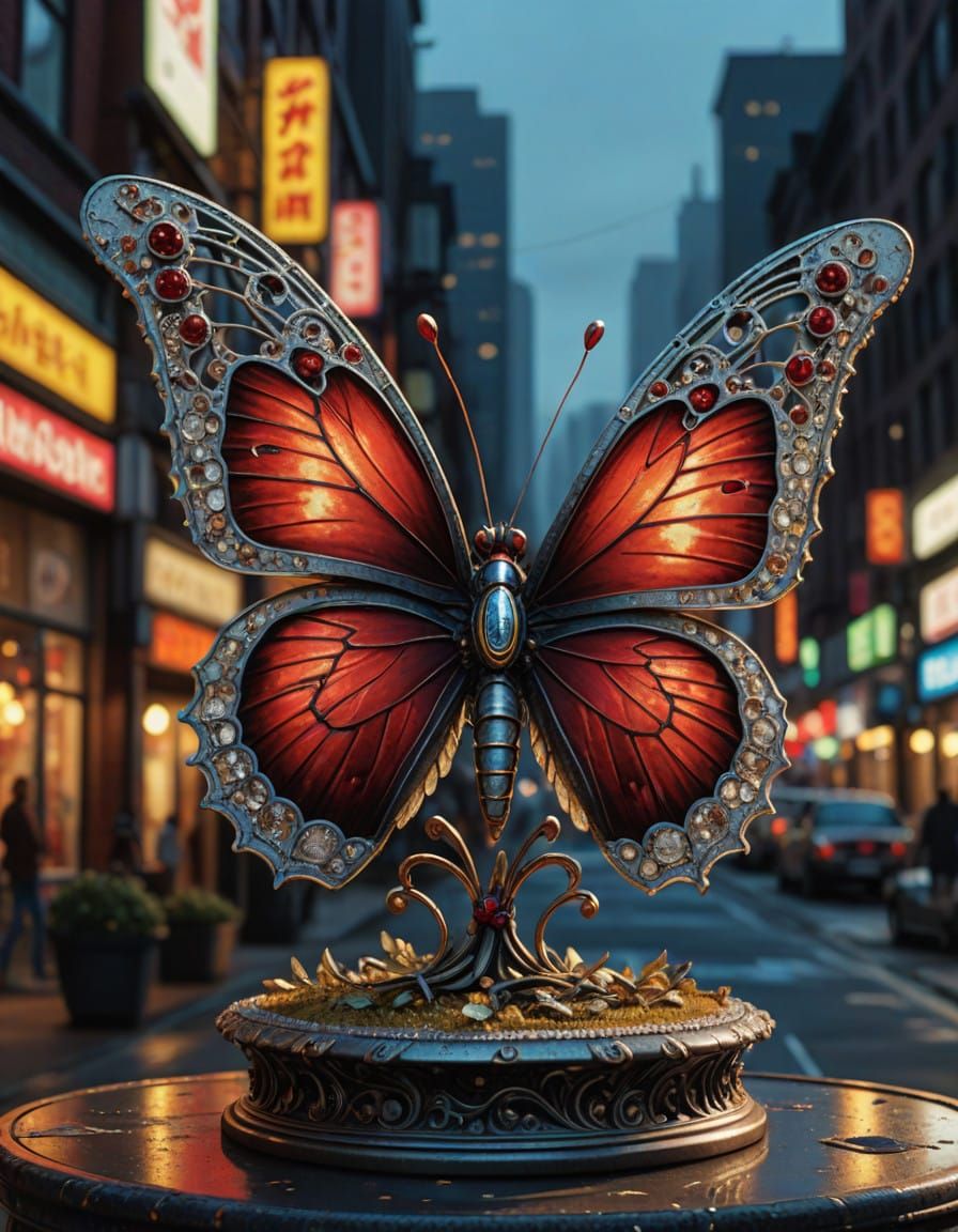Crystal Butterfly on Pedestal in Hyper-Realistic HDR Style