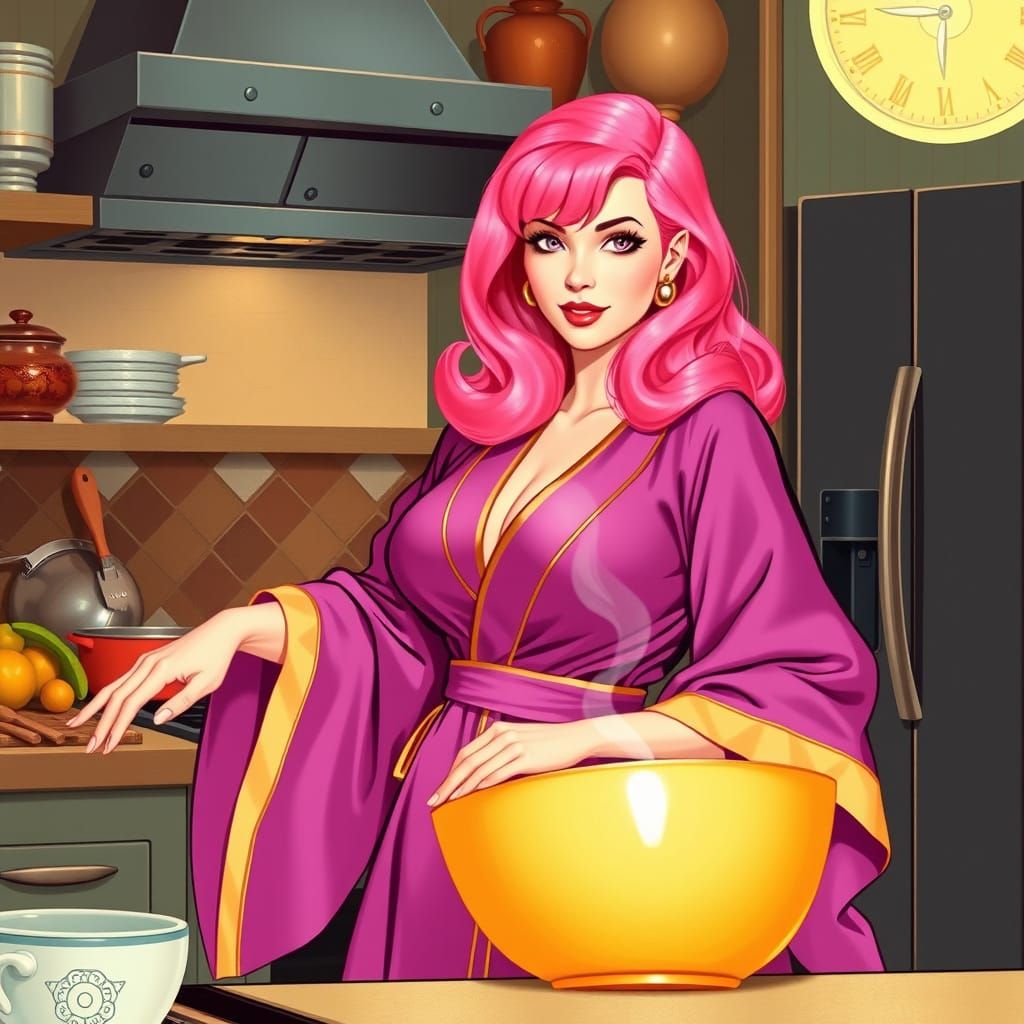 Elegant Futuristic Woman Cooks in a Cozy Kitchen with Vibran...
