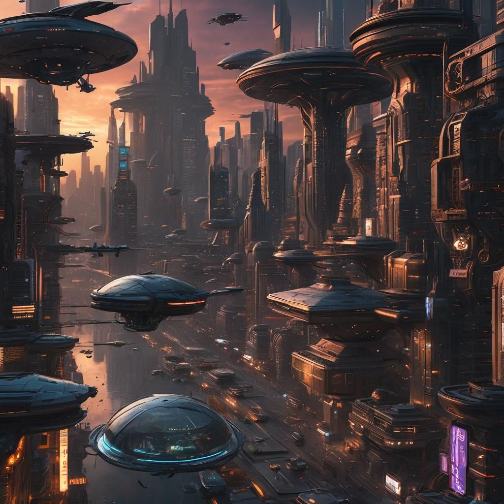 Futuristic Cityscape at Sunset in Detailed Matte Painting