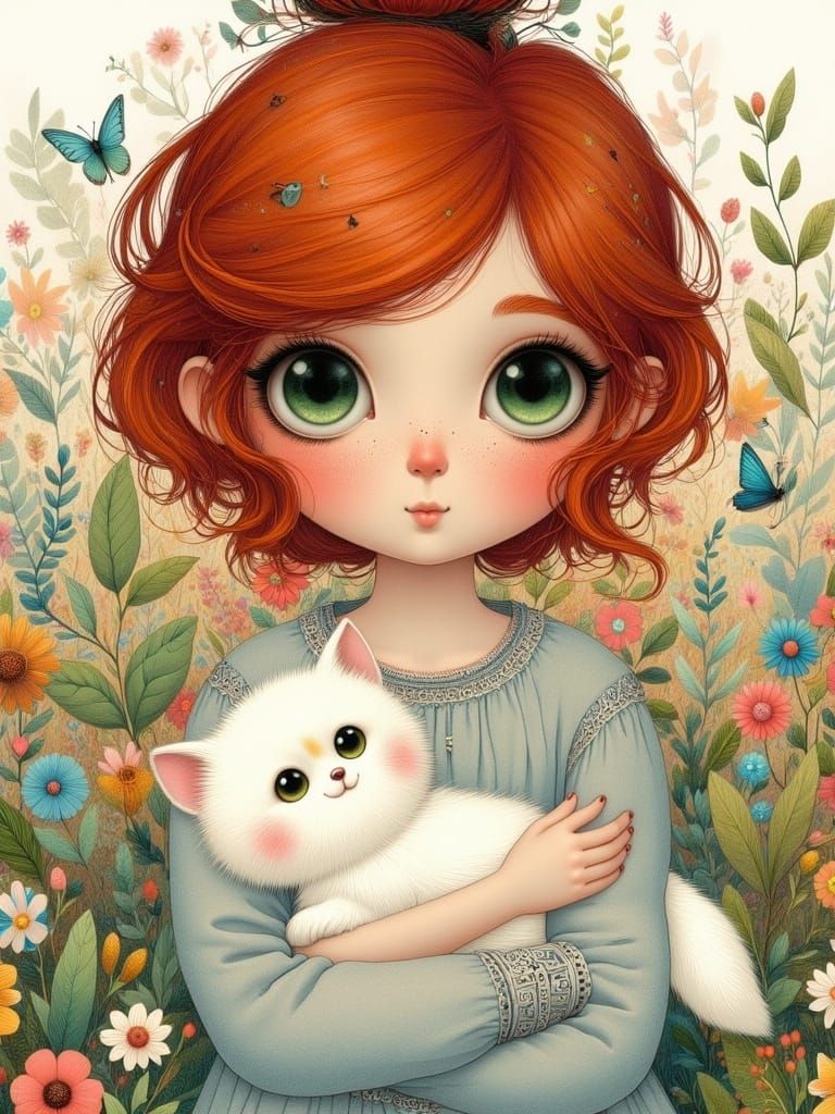 Whimsical Red-Haired Girl in English Countryside Garden
