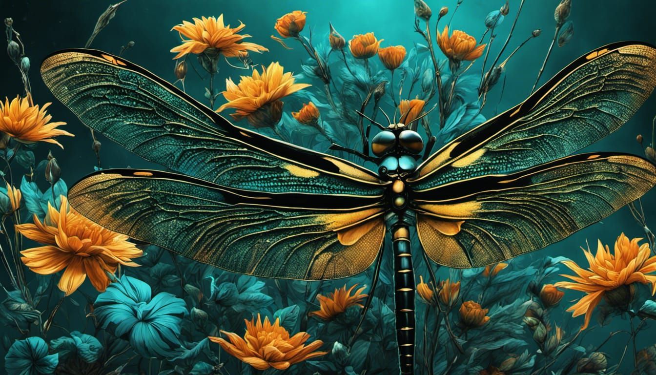 Cyberpunk Floral Dragonfly in Amber, Teal and Black