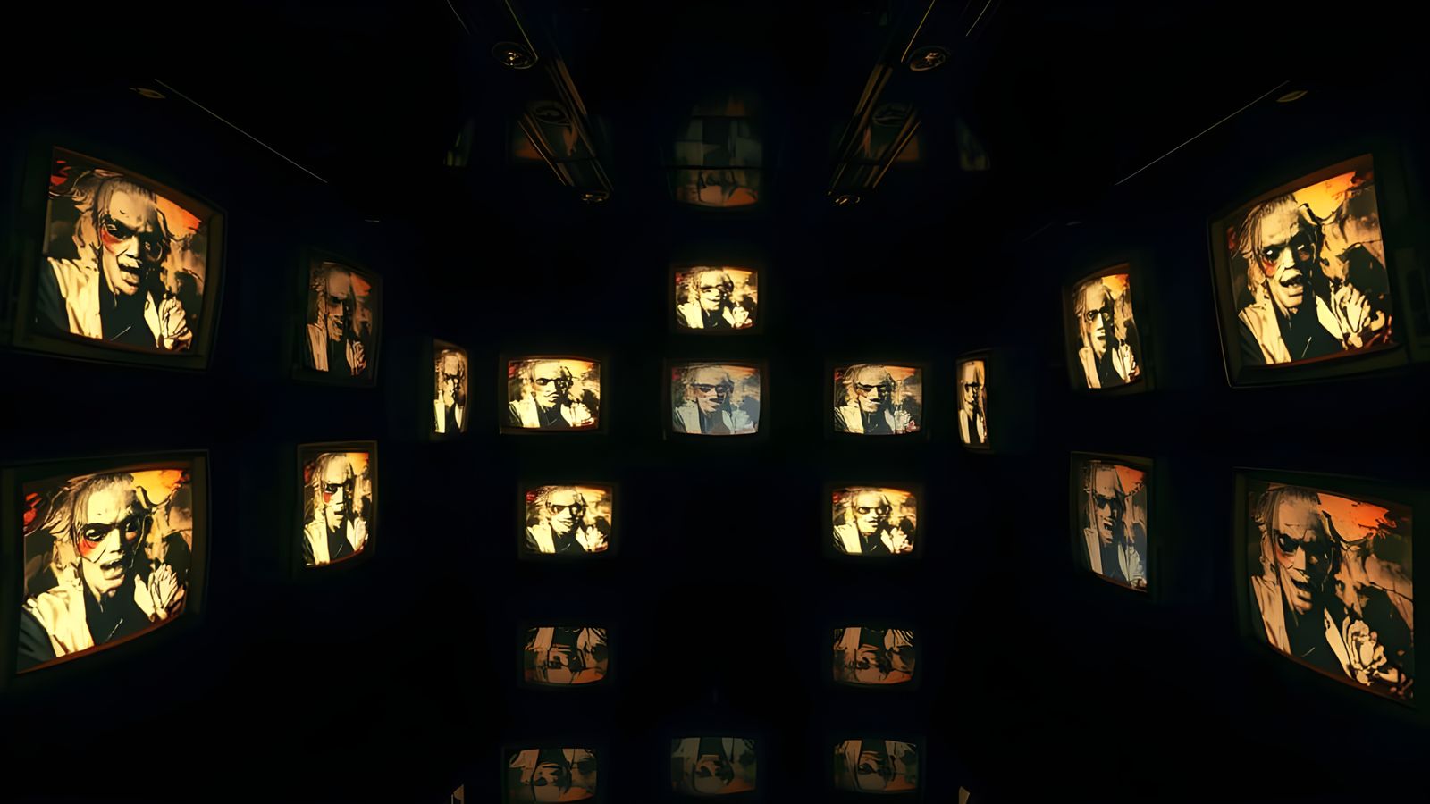 Creepy TV Wall Displaying Horrors in Mirrored Room