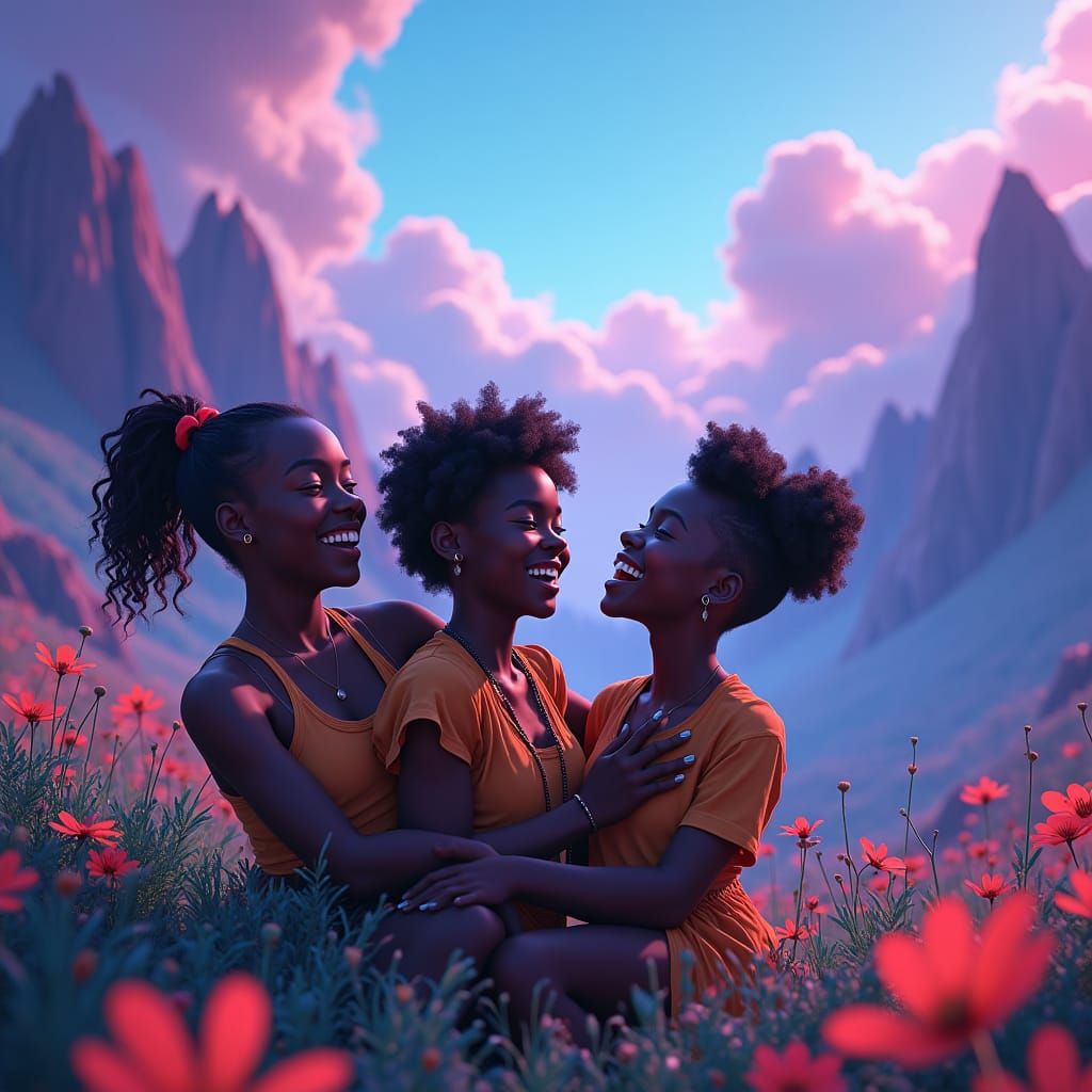 Vibrant Youths in Dreamlike Fantasy Landscape