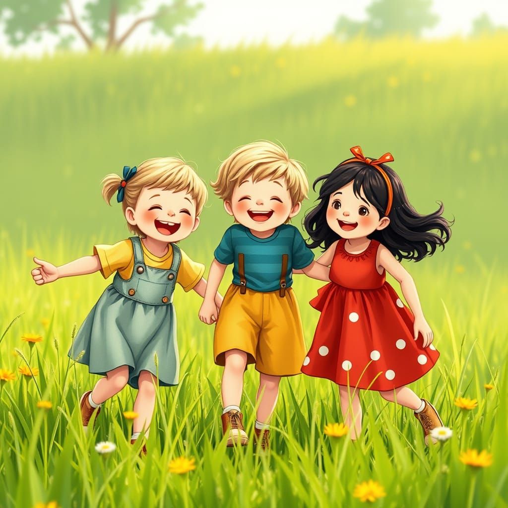 Happy Children Playing in Meadow, Whimsical Illustration
