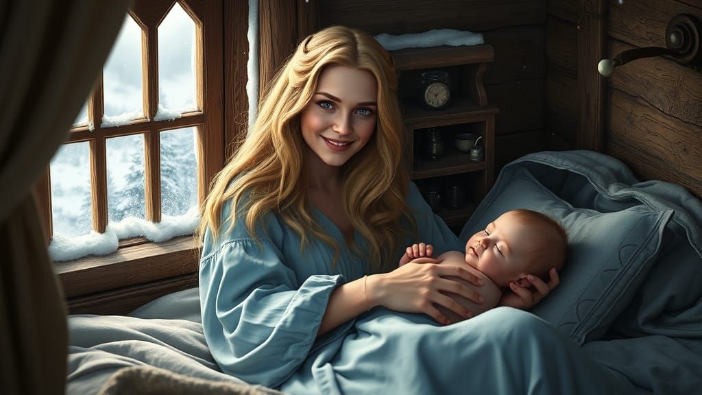 Norse Goddess Freya Cradles Baby in Cozy Winter Scene