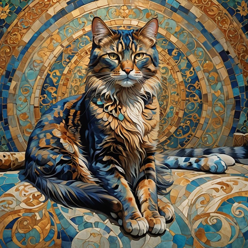 Mystical Feline with Swirling Fur in Mucha Style