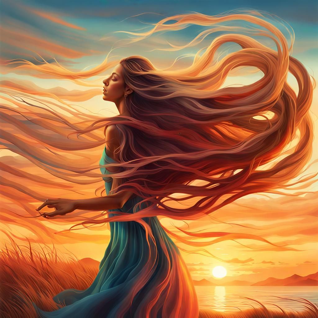 Dreamlike Woman at Sunset in Surreal Digital Art