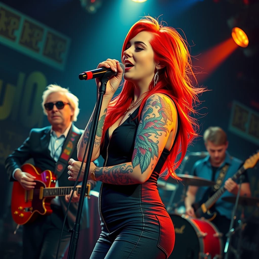 A red-haired, fully tattooed female rock singer