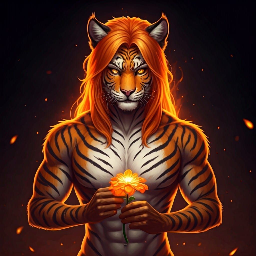 a fierce humanoid [female] with tiger-like stripes, fiery or...