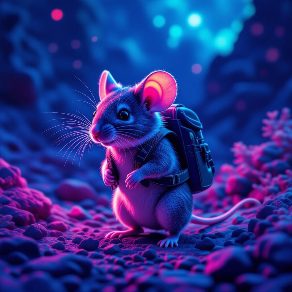 Mouse with Backpack on Rocky Terrain in Sci-Fi Style