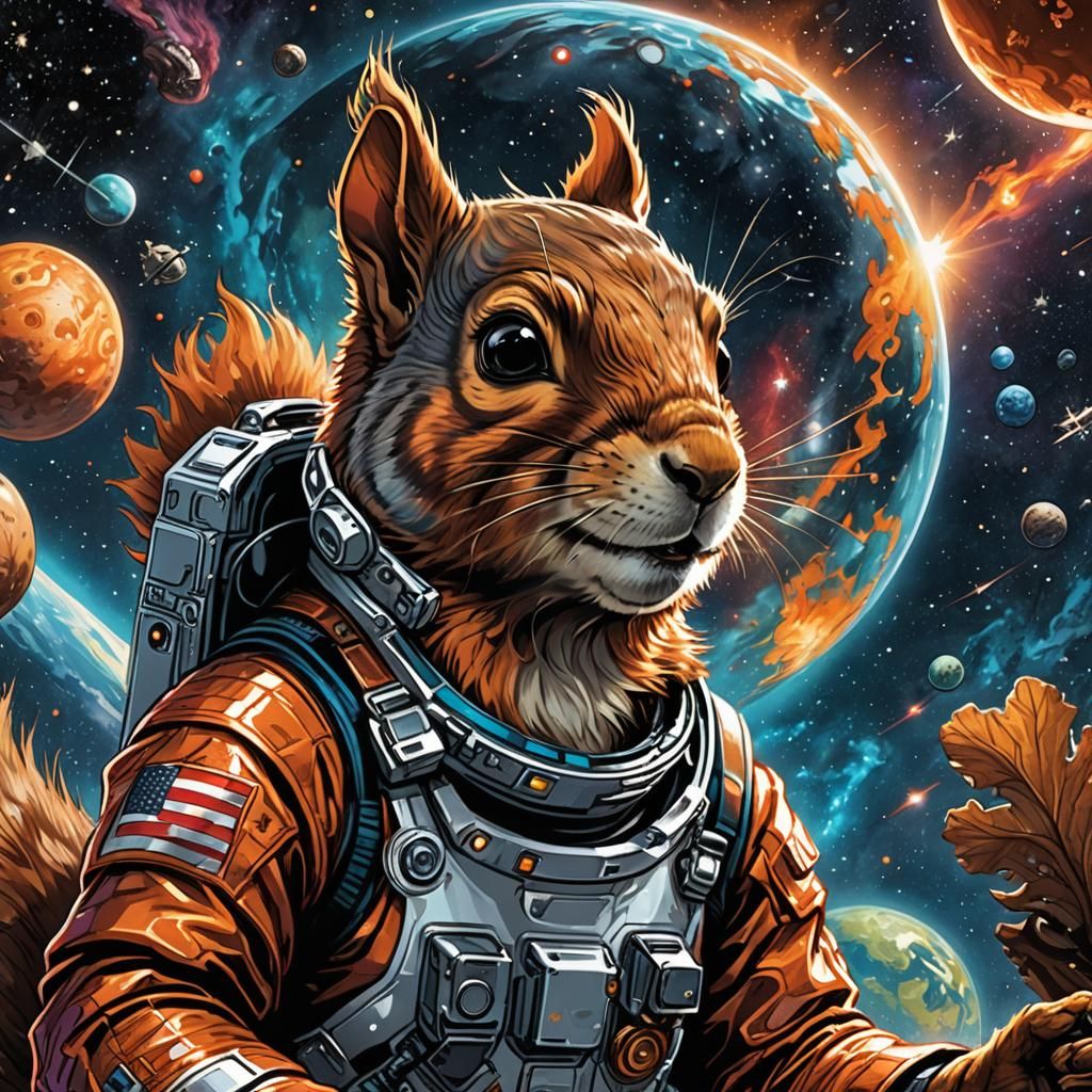 Squirrel Astronaut Eating Acorn: Comic Book Art