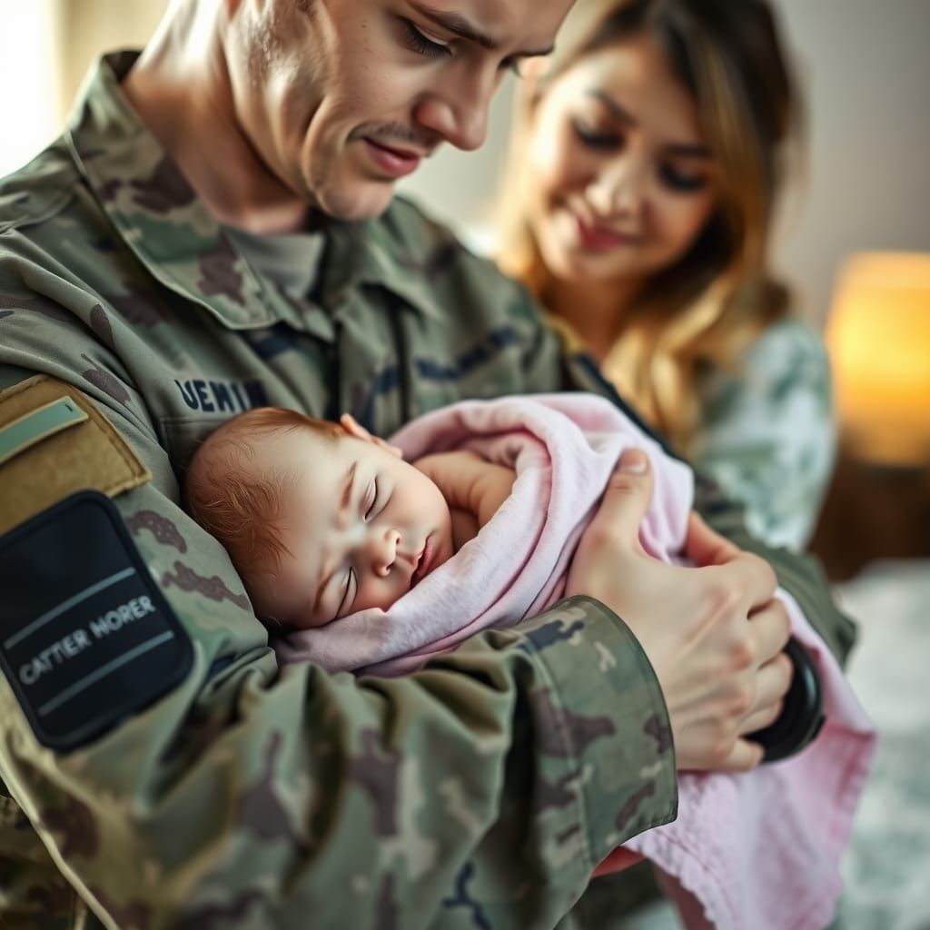 Father's Tender Moment with Newborn Daughter in Camouflaged ...