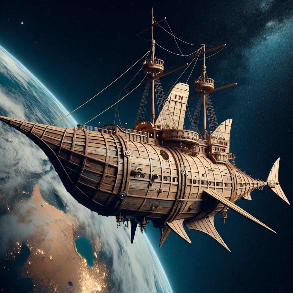 Shark Spaceship Orbits a Planet: Antique Ocean Vessel