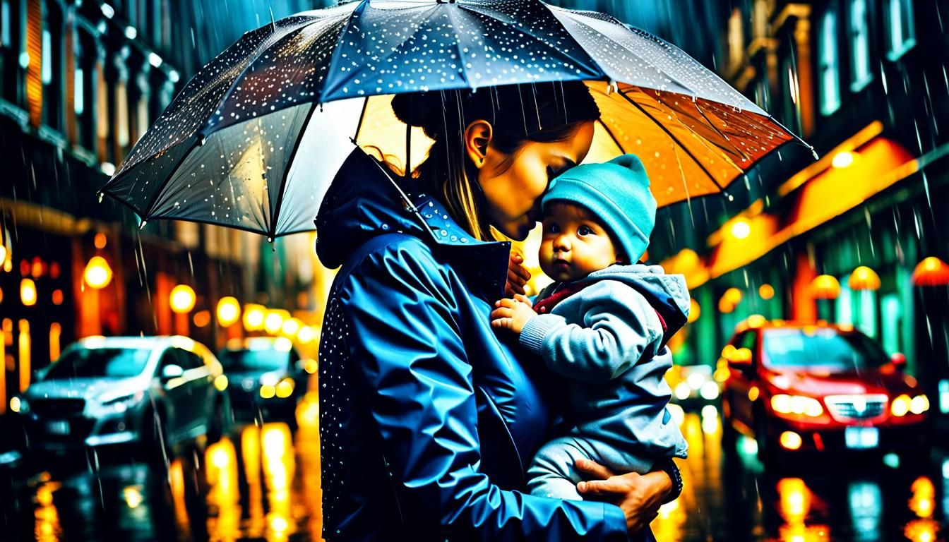 Mother and Baby in Rainy City Scene