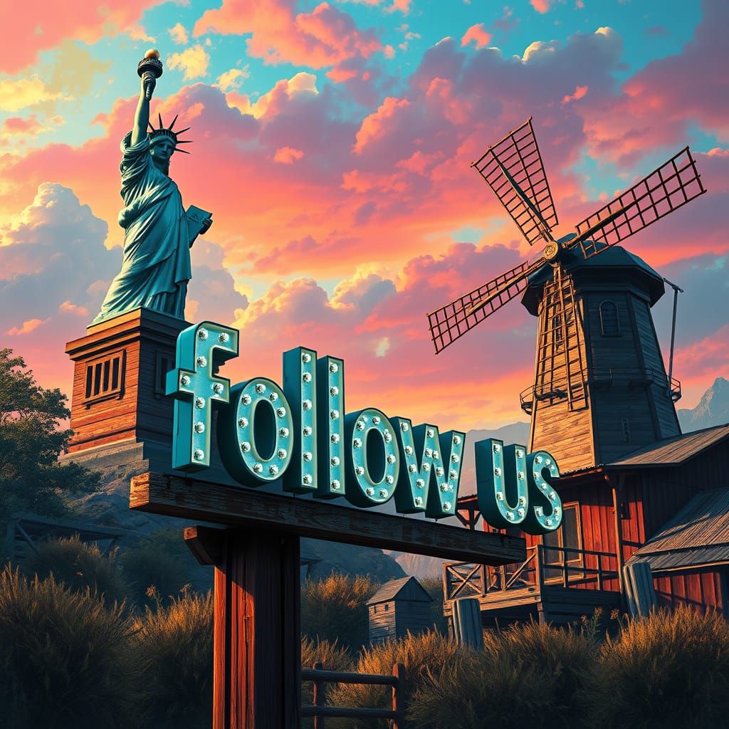 Dramatic Follow Us Sign with Iconic Landmarks