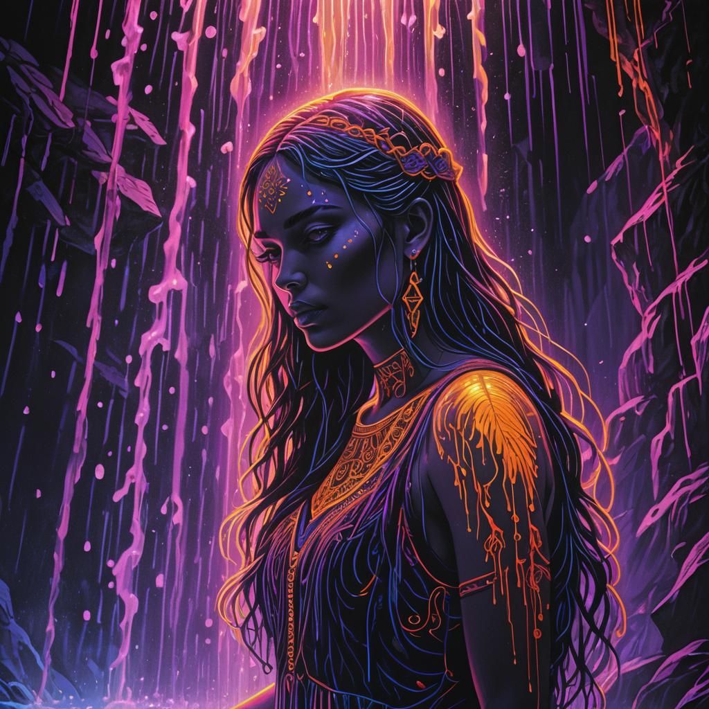 Neon Girl Under Waterfall in Black Light