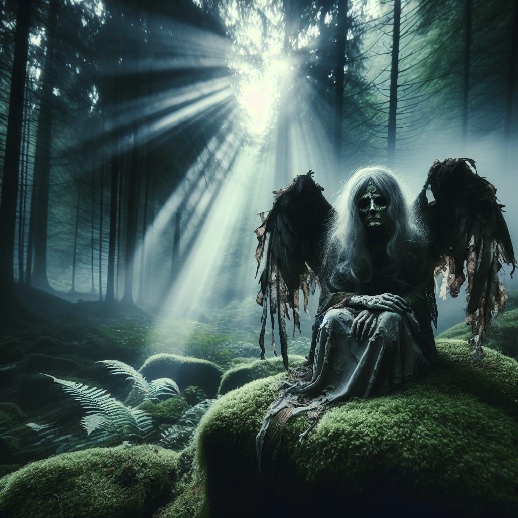 Mournful Fallen Angel in Misty Forest