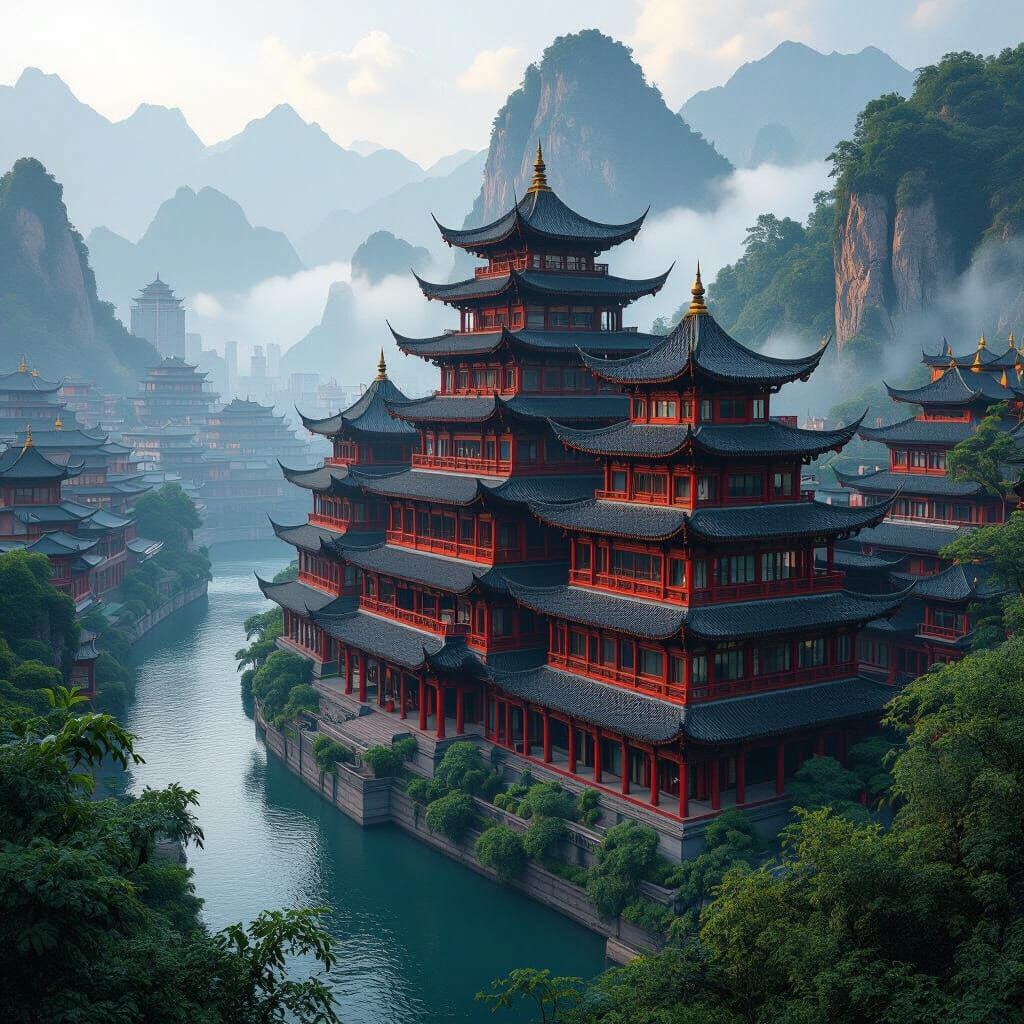 Bustling Chinese Mountain City with Wooden Skyscraper