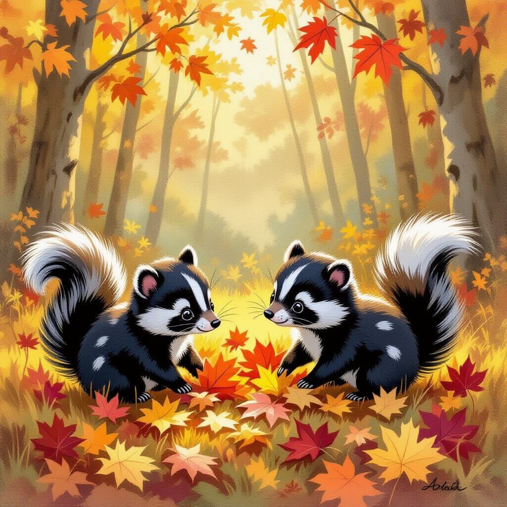Skunk Babies Play in Autumn Leaves - Gouache Painting
