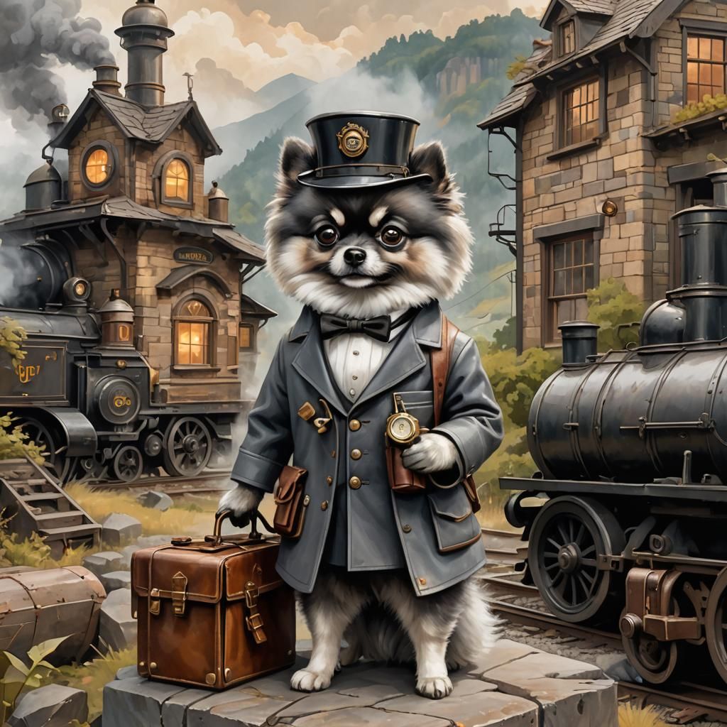 Pomeranian Train Driver in Cubist Dreamscape