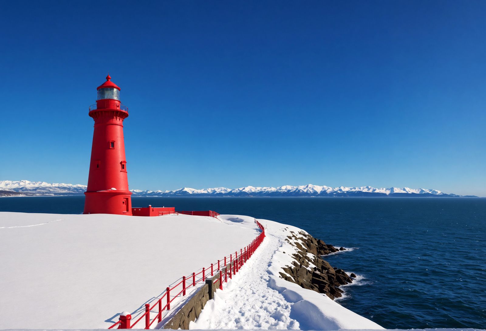 Hyperrealistic Red Lighthouse on Snowy Coast