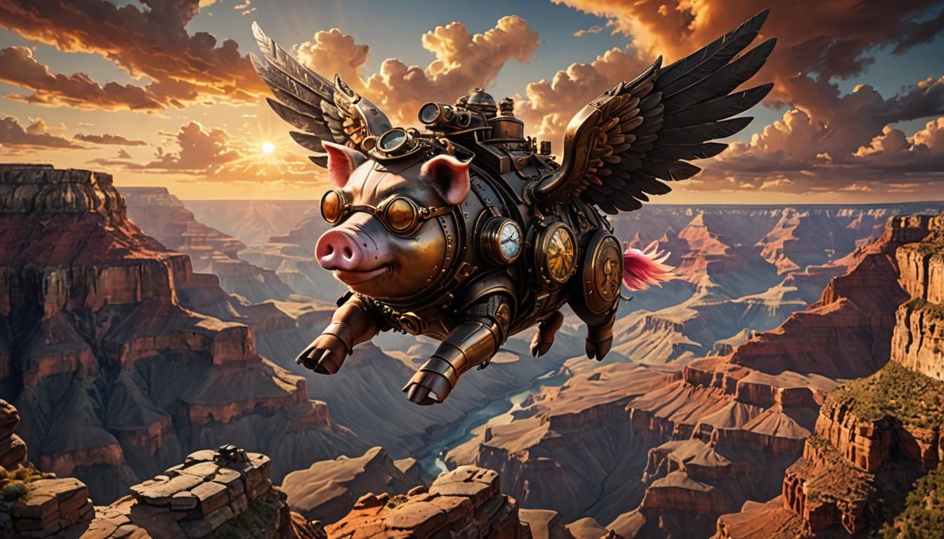 Steampunk Pig Flies Grand Canyon Sunset