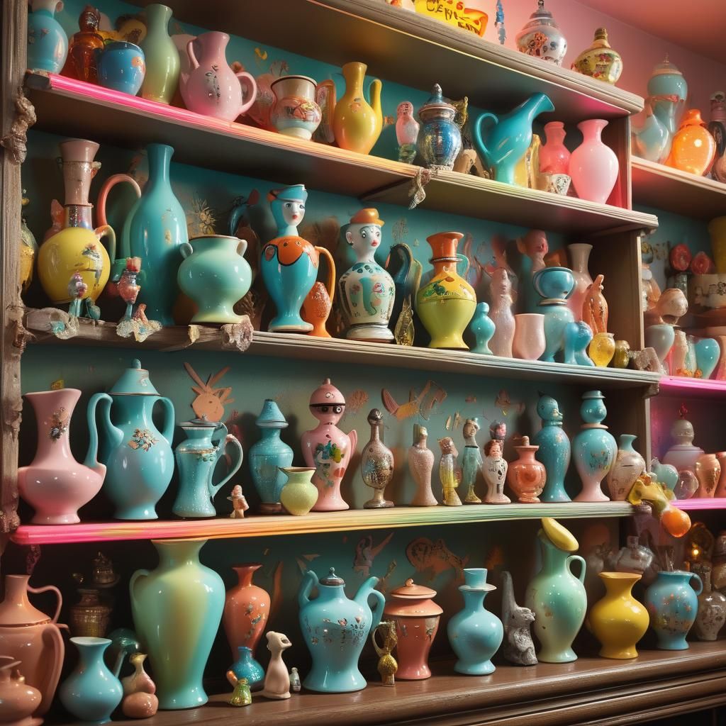 Kitsch Shelf with Vintage Trinkets in Retro Style