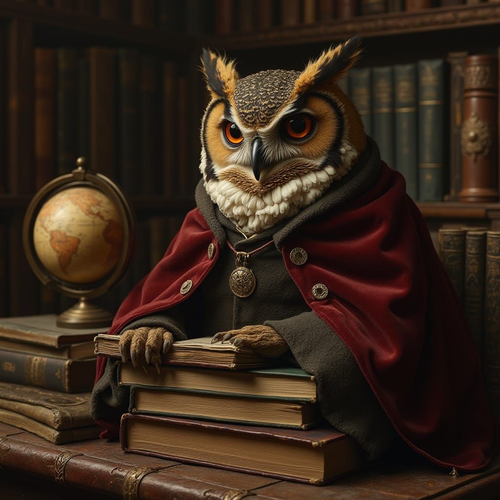 Wise Owl in Library, Baroque Style Painting
