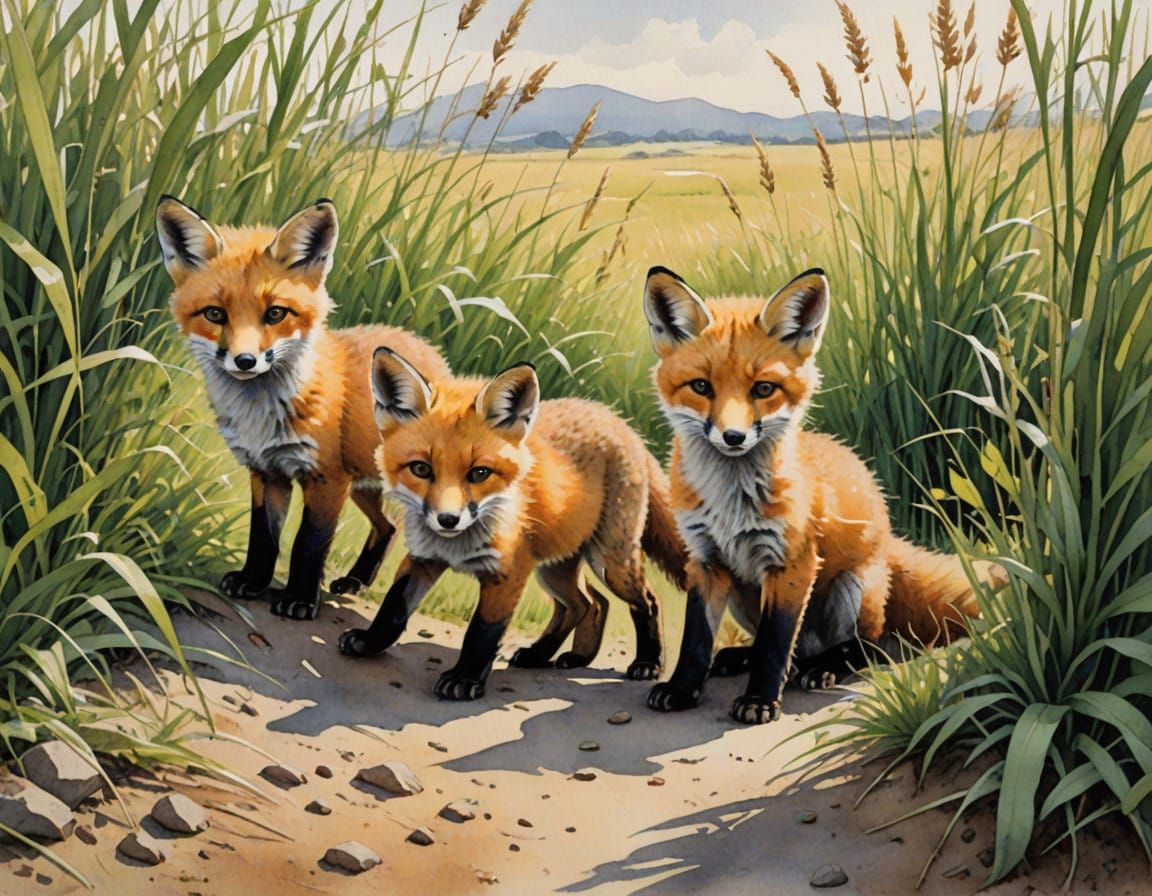 Surreal Watercolor Illustration of Fox Kits at Play in Their...