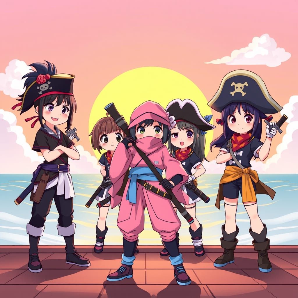 Cute Kunoichi versus cute women pirates. Anime version.