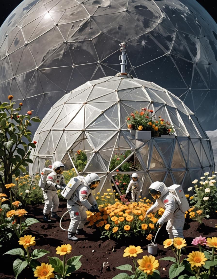 Lunar Gardeners Cultivating Flowers on the Moon
