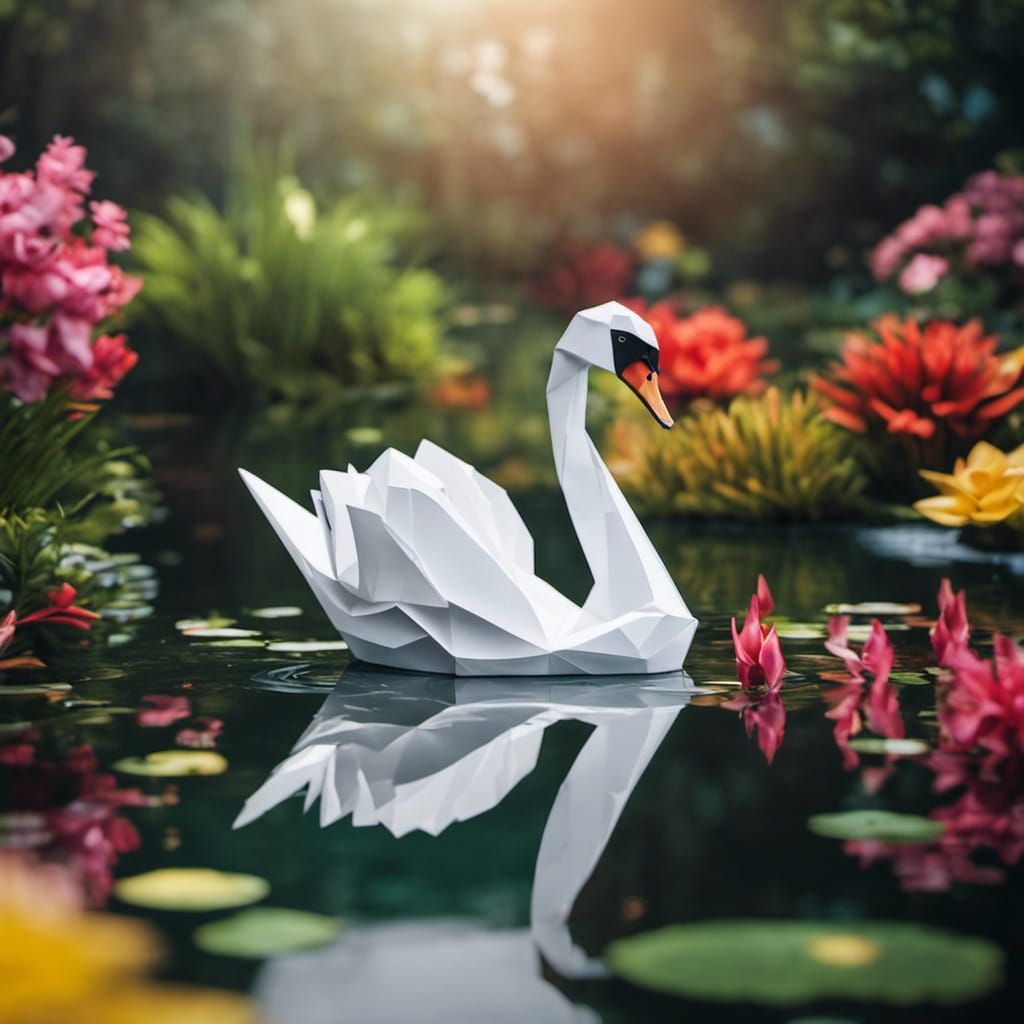 Elegant White Swan Origami in Colorful Garden