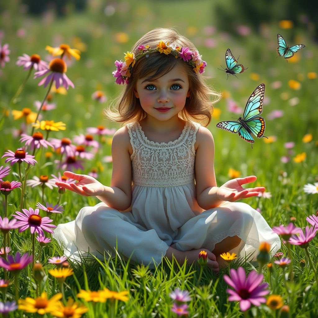 Girl in Flower Meadow with Moths, Matte Painting