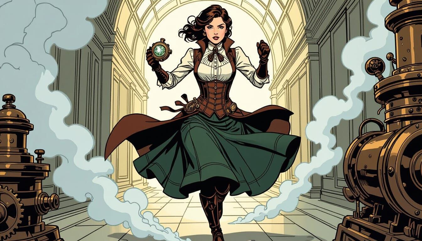 Steampunk Woman's Museum Dash: Comic Book Style
