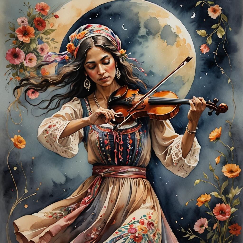 a gypsy woman dressed in gypsy clothes plays the violin, rib...