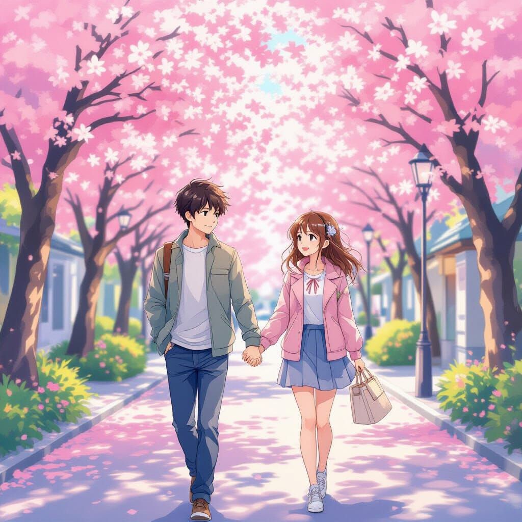 Anime Couple Under Sakura Trees: Watercolor Style