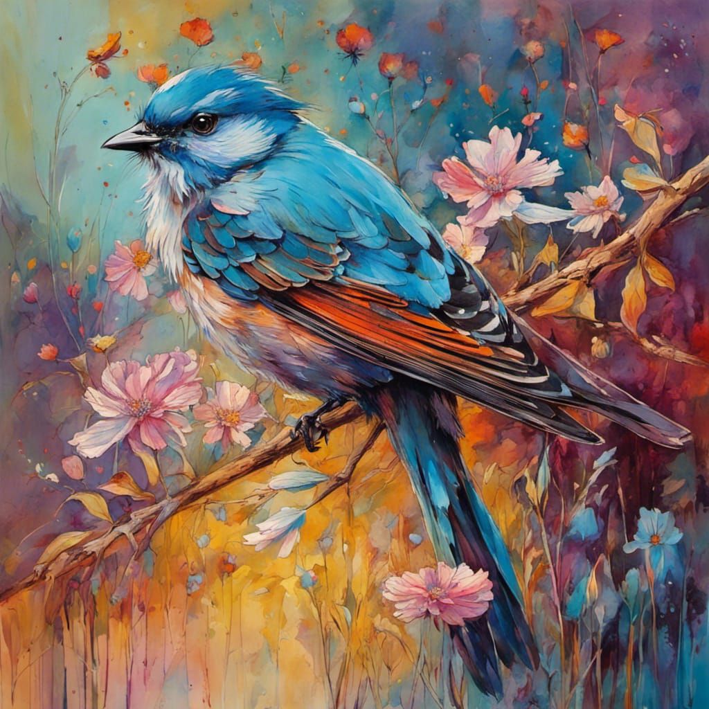 Bird in Garden with Wildflowers, Oil Impasto and Ink