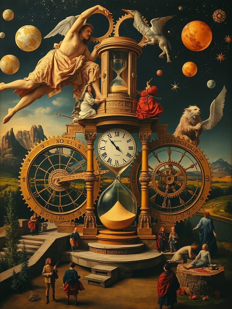 Surreal Renaissance Oil Painting of Time and Divinity