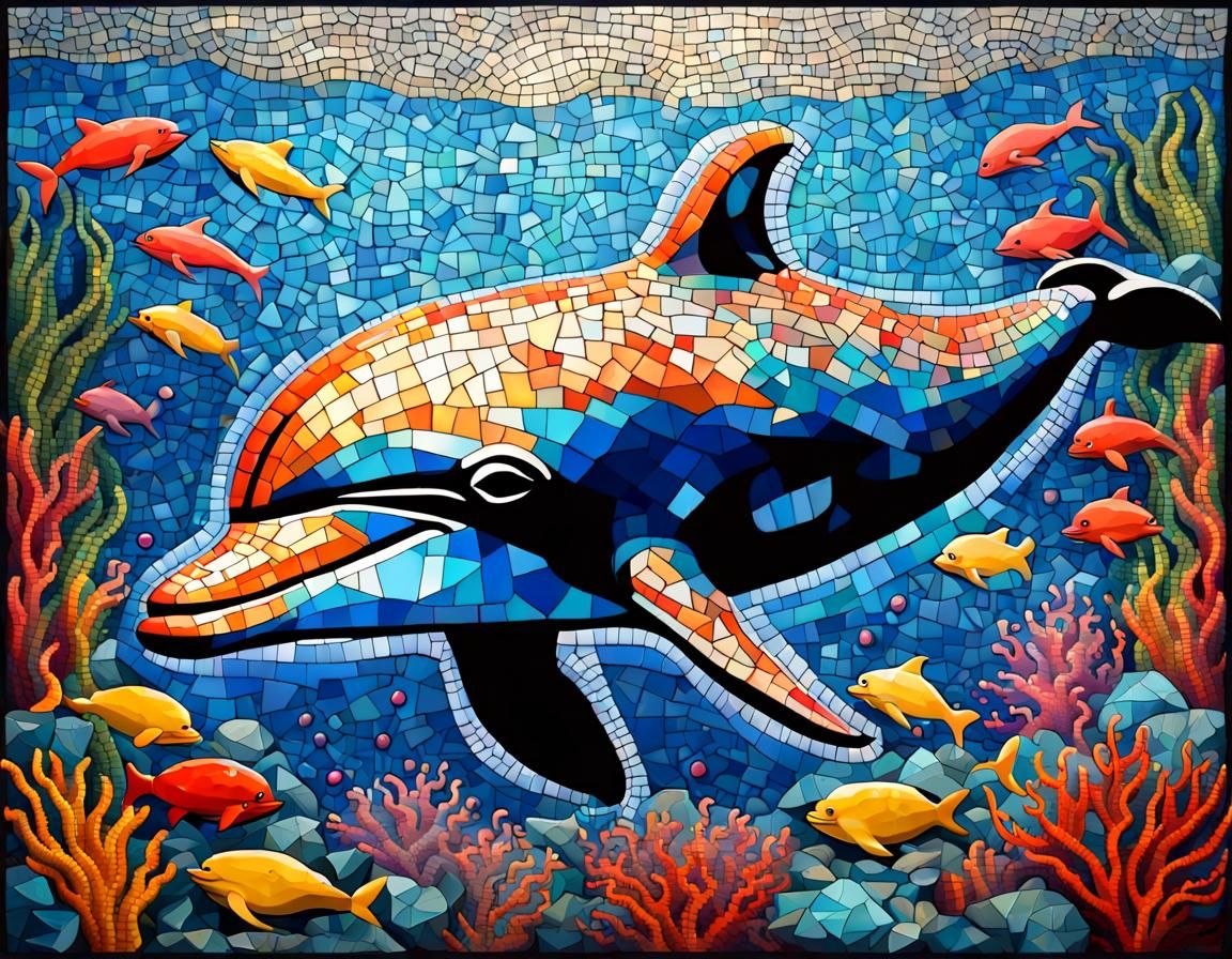 Underwater Dolphin Mosaic in Vibrant Graffiti Art