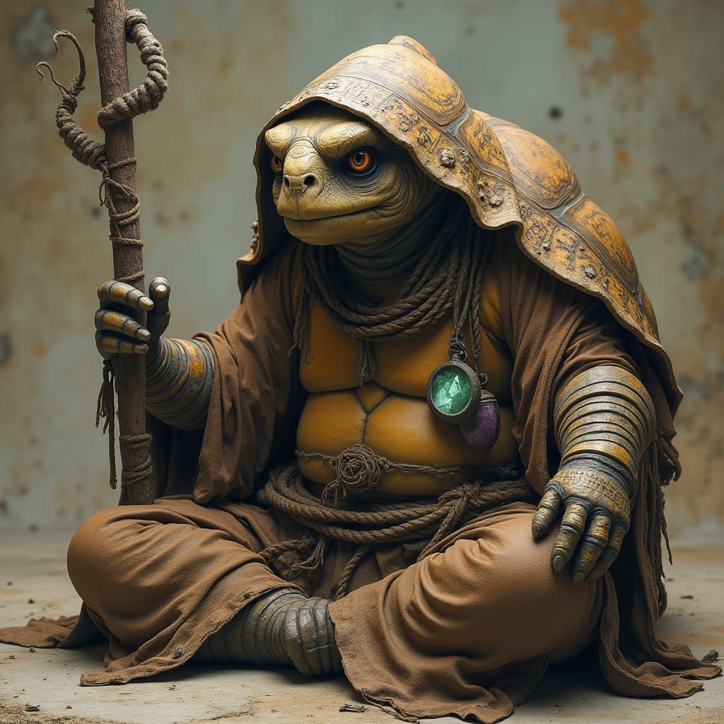 Ancient Tortoise Monk in Earthy, Mystical Landscape