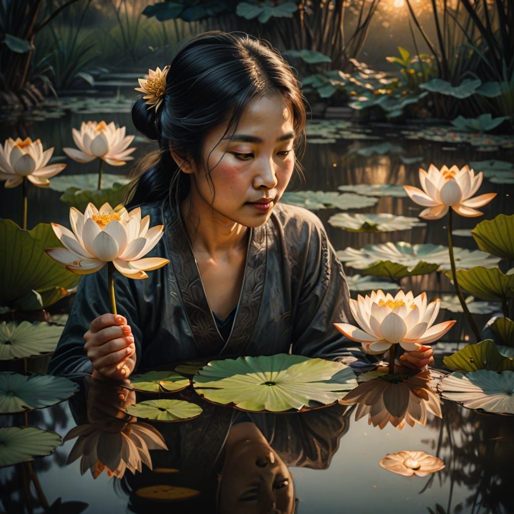 Elegant Asian Lady in Charcoal Drawing with Lotus Flowers