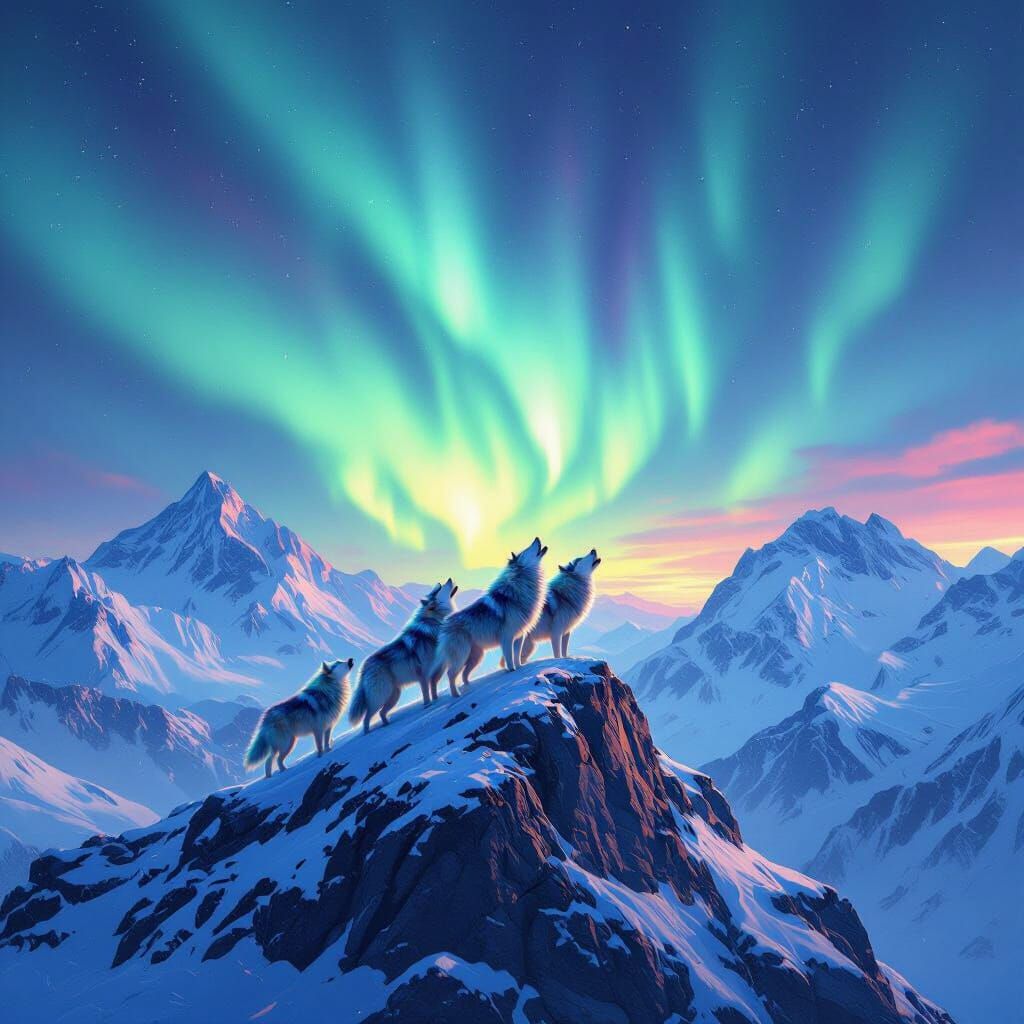 Rainbow Wolves Howling Under Northern Lights